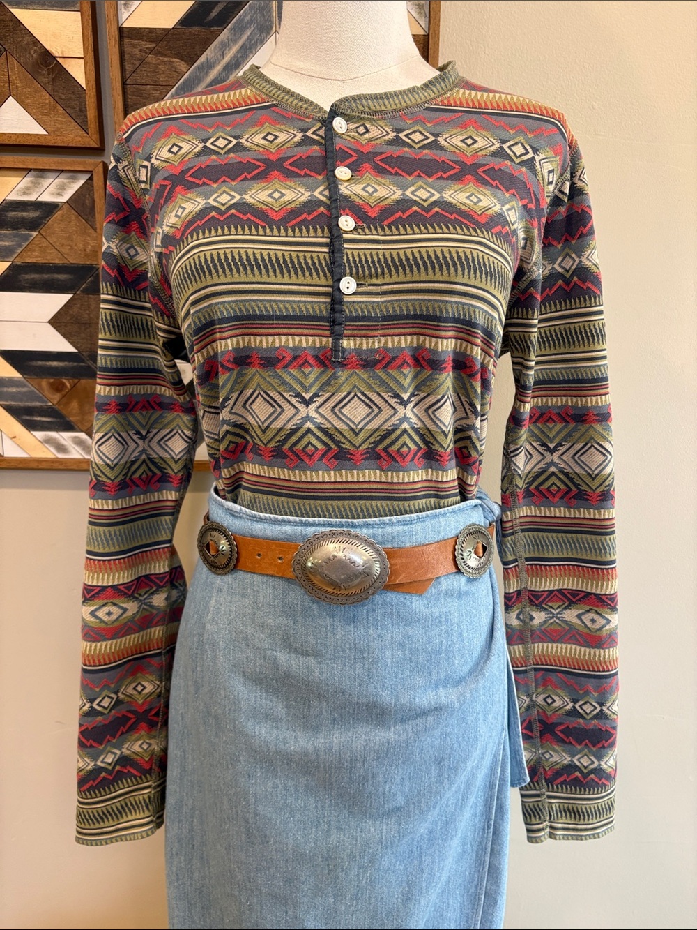 Ralph Lauren Double RL RRL Long Sleeve Western Aztec Cotton Top size 4 / Large
